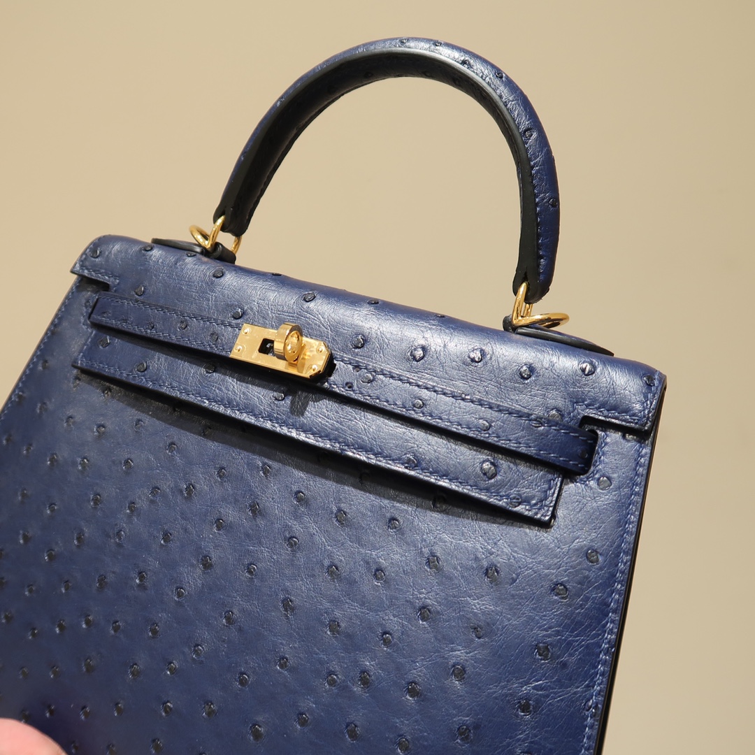 Hermes Kelly 25cm Handbag Shoulder Bag in Dark Blue Ostrich Leather